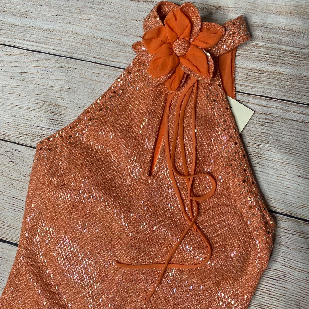 St. John Coral Orange Halter Maxi with Floral Neck Accent - Picture 4 of 13
